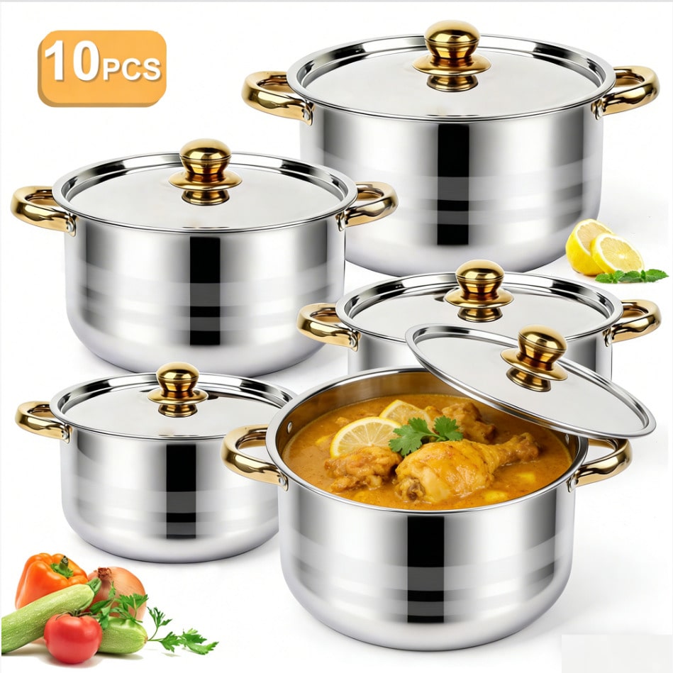 Home Cooking Meals - Zestaw garnków ze stali nierdzewnej, nowoczesny
